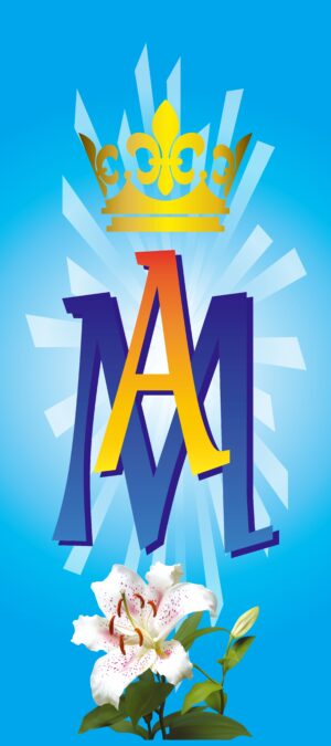 Kwiaty i litery na niebieskim tle baner na peregrynację